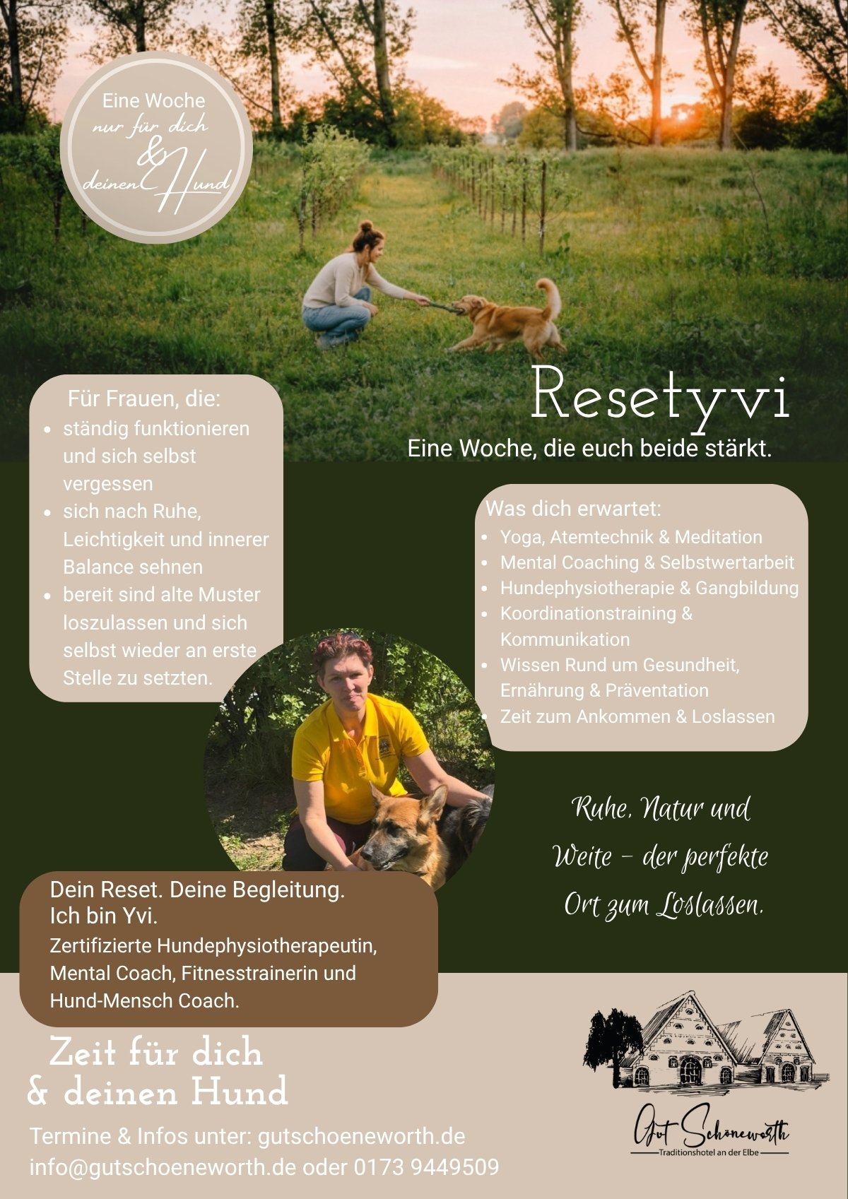 Flyer für die Auszeit-Woche mit Hund auf Gut Schöneworth an der Elbe